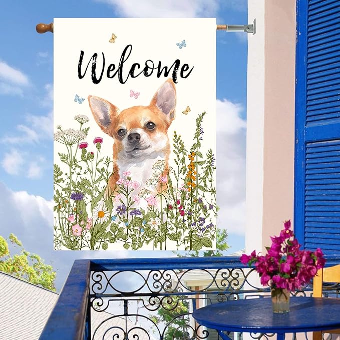 Floral Chihuahua Garden Flag Spring Summer House Flags 28 x 40 Double Sided Flower Dog Yard Flags for Outside Large Outdoor Welcome Flags