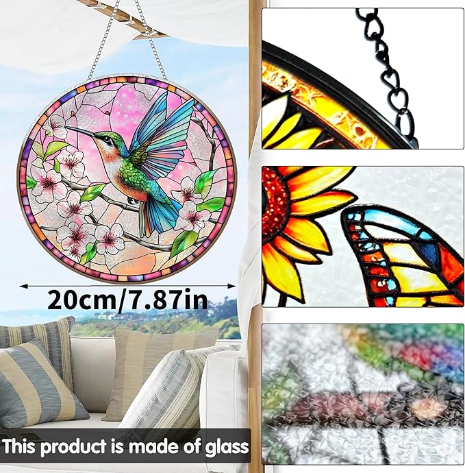 VAIIEYO Hummingbird Sun Catcher Stained Glass Window Hanging Ornament, Handmade Sun Catcher Animal Decoration with Hooks, Window Garden Home, Birthday Housewarming (7.8 inch)