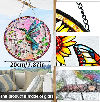 VAIIEYO Hummingbird Sun Catcher Stained Glass Window Hanging Ornament, Handmade Sun Catcher Animal Decoration with Hooks, Window Garden Home, Birthday Housewarming (7.8 inch)
