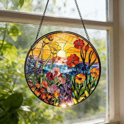 Stained Glass Sun Catcher,Wild FlowersStained Glass Window Hanging Garden Decor,Sun Catchers Indoor Window,Whimsical Decoration for Home Backyard Patio Lawn Porch with 6.3 INCH