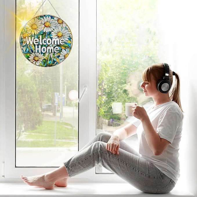 VAIIEYO Welcome Sun Catcher Stained Glass Window Hanging Ornament, Handmade Sun Catcher Flower Decoration with Hooks for Window Garden Home, Christmas & Birthday Housewarming Gift (7.8 inch)