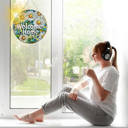 VAIIEYO Welcome Sun Catcher Stained Glass Window Hanging Ornament, Handmade Sun Catcher Flower Decoration with Hooks for Window Garden Home, Christmas & Birthday Housewarming Gift (7.8 inch)