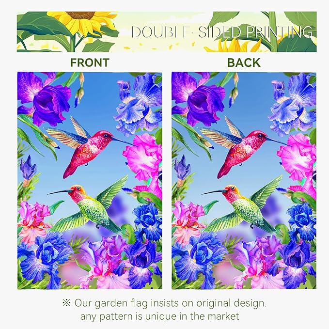 Hummingbirds Garden Flag Double Sided Blue and Red Iris Yard Flag Flowers Floral Birds Leaves Garden Flags Banner for Spring Summer Farmhouse Home Outdoor Decor 12 x 18 Inch