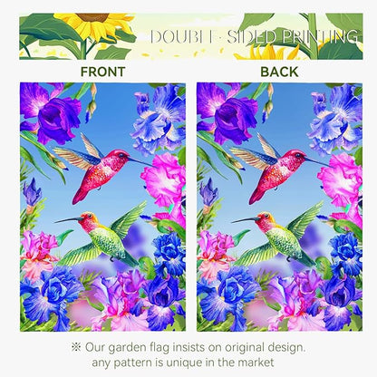 Hummingbirds Garden Flag Double Sided Blue and Red Iris Yard Flag Flowers Floral Birds Leaves Garden Flags Banner for Spring Summer Farmhouse Home Outdoor Decor 12 x 18 Inch