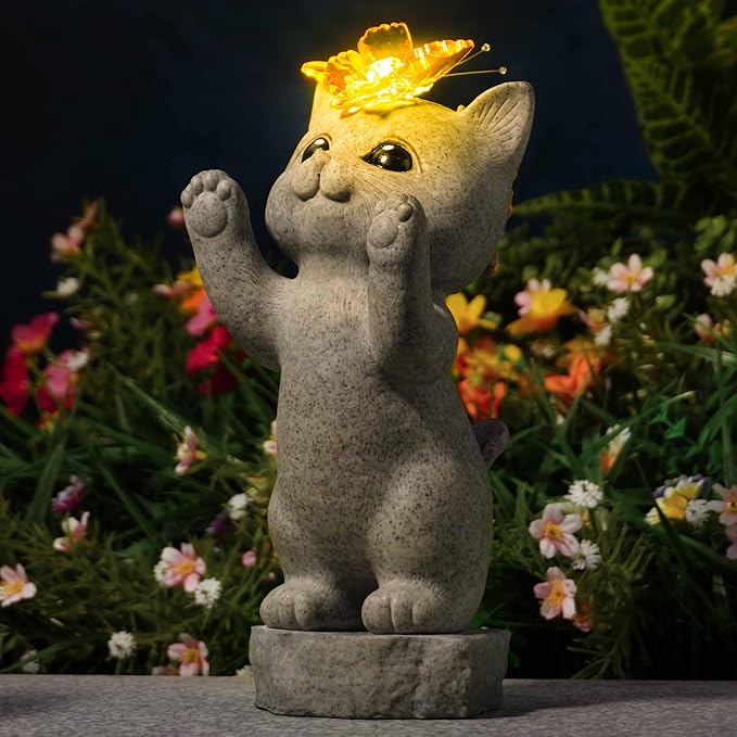 DecorSmart Cat Garden Outdoor Statue Gifts for Cat Lovers Lady Mom Dad Women Outside Solar New Home Decor for Patio Yard Housewarming Gardening Gifts