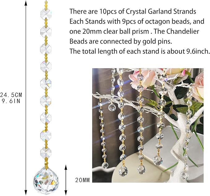 10pcs Crystal Garland Strands Hanging Glass Chandelier Beads Chains Glass 20mm Balls Prisms with Beads Pendants Crystal Chandelier Parts Replacements Christmas Party Garden Decoration