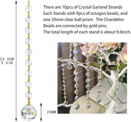 10pcs Crystal Garland Strands Hanging Glass Chandelier Beads Chains Glass 20mm Balls Prisms with Beads Pendants Crystal Chandelier Parts Replacements Christmas Party Garden Decoration