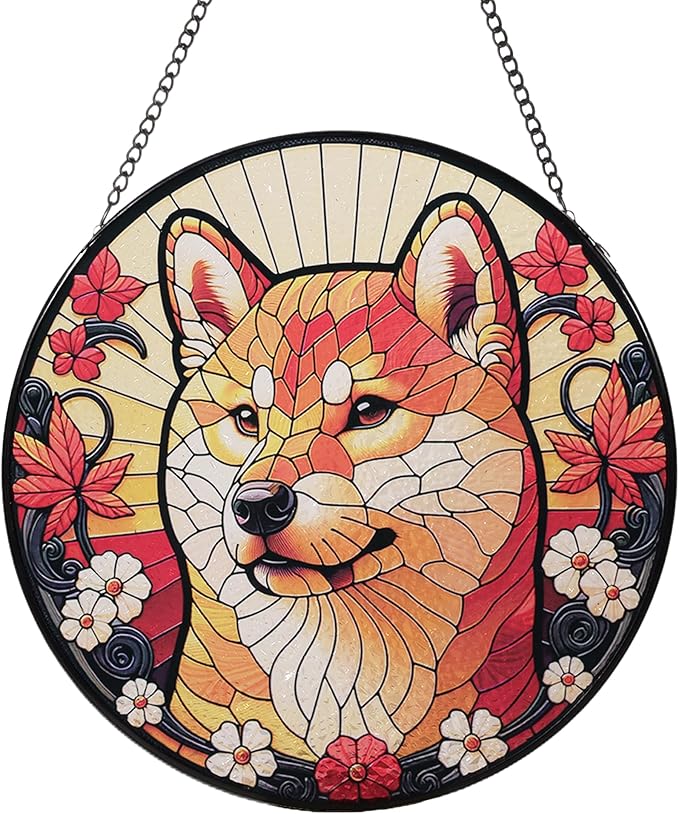 Stained Glass Dog Memorial Suncatcher,Shiba Inu Window Hanging,Sympathy Gifts for Pet Loss,7.9 inch/20 cm Home and Garden Decor for Dog Lovers