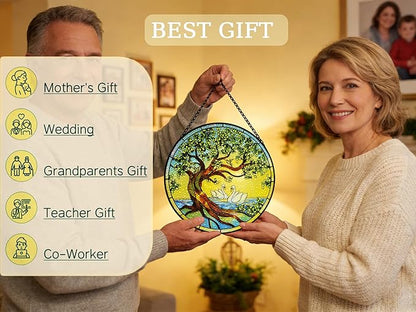 Stained Glass Window Hangings, Tree of Life with Hummingbird Suncatchers for Window, Treasured Gift for Mom, Grandma, Family and Friends (Tree of Life with Geese, 6.7x6.7 in)
