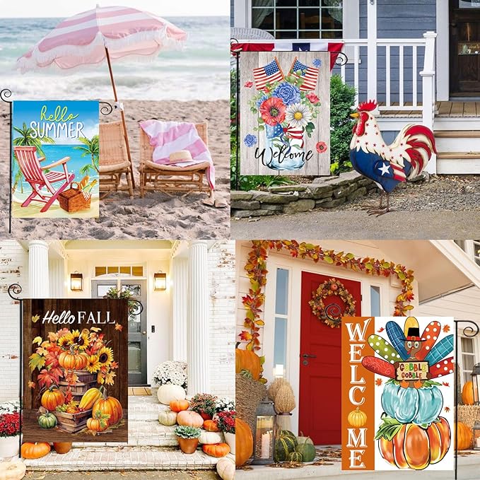 Seasonal Garden Flags Set of 12-Double Sided 12 x 18 Inch Outside Yard Flags, Small Flags for Outside, Holiday Garden Flags for All Seasons, Spring Easter Summer 4th of July Outdoor Flags