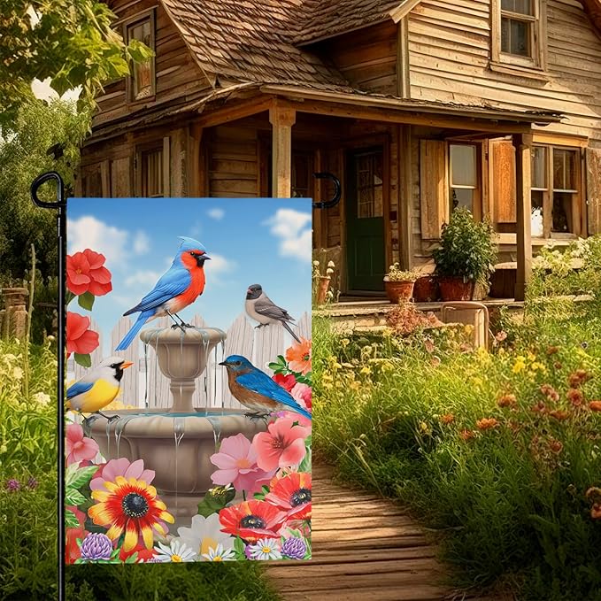 Summer Birdbath Gathering Garden Flag Birds Floral Yard Flag Double Side Polyester Colorful Flowers Garden Flags 12x18 Inch for Outdoor House Banner Decoration