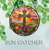 Christian Gifts for Women - Cross Stained Glass Window Hanging Jesus Easter Poppy Sunset Landscape Sun Catcher Garden Religion Decor Mother's Day Catholic Gift for Men Grandma Mom Her 15"