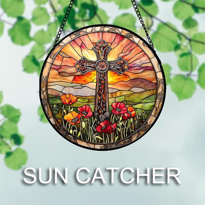 Christian Gifts for Women - Cross Stained Glass Window Hanging Jesus Easter Poppy Sunset Landscape Sun Catcher Garden Religion Decor Mother's Day Catholic Gift for Men Grandma Mom Her 11.8"