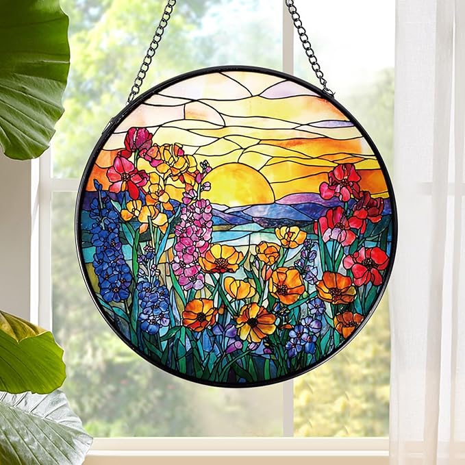 Wildflowers Stained Glass Window Hanging, Sun Catchers Indoor Window Plant Lover Gifts for Women, Wildflowers and Sun Wall SunCatchers Decor for Garden Home Christmas Birthday