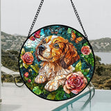DASTOLL Stained Glass Window Hanging, Dog and Rose Suncatcher for Doors Home Butterfly Sun Catchers Decoration and Christmas, Mother's Day Birthday Gifts for Women, Men, and Mom 14.9x14.9 in