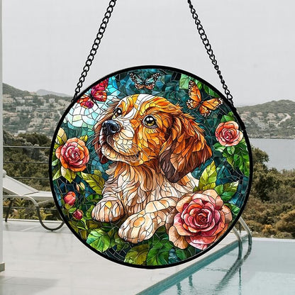 DASTOLL Stained Glass Window Hanging, Dog and Rose Suncatcher for Doors Home Butterfly Sun Catchers Decoration and Christmas, Mother's Day Birthday Gifts for Women, Men, and Mom 14.9x14.9 in