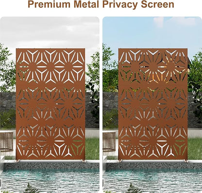 Metal Privacy Screen for Outdoor Freestanding Privacy Screens, 72" H x 44" W Patio Fence Panels with Stand, Portable Brown 3 Panel Screens for Outside Deck Balcony Garden and Indoor