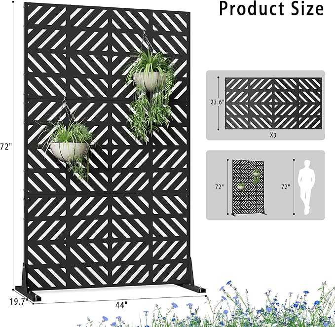 Metal Privacy Screen for Outdoor 6FT Fence Privacy Screens, 72" H x 44" W Decorative Privacy Panels with Stand, Balcony Screens for Outside Indoor Room Divider