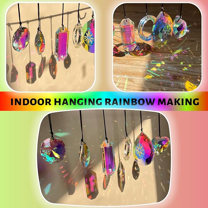 Crystal Sun Catcher with 6 Hanging Prisms | Rainbow Maker & Window Suncatcher for Home Decor, Garden Pendants | Includes Hanging Rope & 6