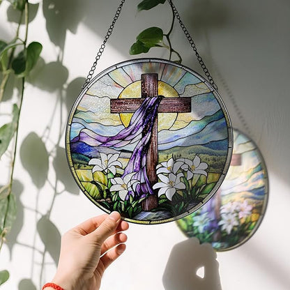 8 Inches Stained Glass Cross Suncatcher, Stained Glass Window Hanging Decor, Religious Cross Ornament, Christian Home Decor, Christian Gift, Religious Gift, Gifts for Christmas