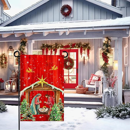 Xmas Poinsettia Garden Flag Holy Night Nativity Double Side Yard Flags Religious Christma Jesus Nativity Scene Decor House Banner for Winter Happy Holiday Outdoor Yard Decor 12 x 18 Inch