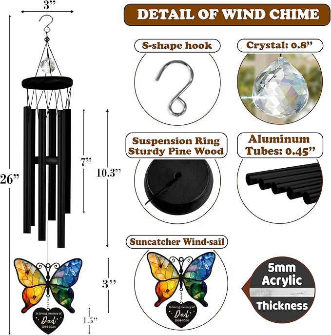Personalized Memorial Wind Chime for Loss of Loved One Butterfly Suncatcher Crystal Rainbow Ornament Sympathy Gift in Loving Memory of Mom Dad Grandma Grandpa Nana Window Decor Bereavement Keepsake