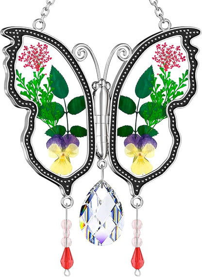 KY&BOSAM Crystal Butterfly Suncatcher Gifts for Mom Stained Glass Butterfly Wind Chime for Windows Hanging Pressed Rearl Flower Wings and Crystal Charm Gift for Mom Mother`s Day Birthday Christmas