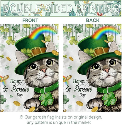 Happy St Patrick's Day Garden Flag Cat with Green Hat Shamrock Yard Flag Shamrock Clover Rainbow Burlap Garden Flags for Irish Spring Farmhouse Patrick Holiday Outdoor Double Sided 12x18 Inch