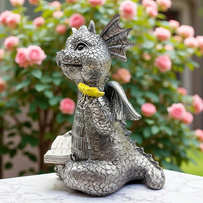 Cute Dragon Reading Book Statue, 5.9-Inch Tall Dinosaur Holding Butterfly Figurines Art Resin Sculpture Outdoor Garden Decor Home Desk Ornaments