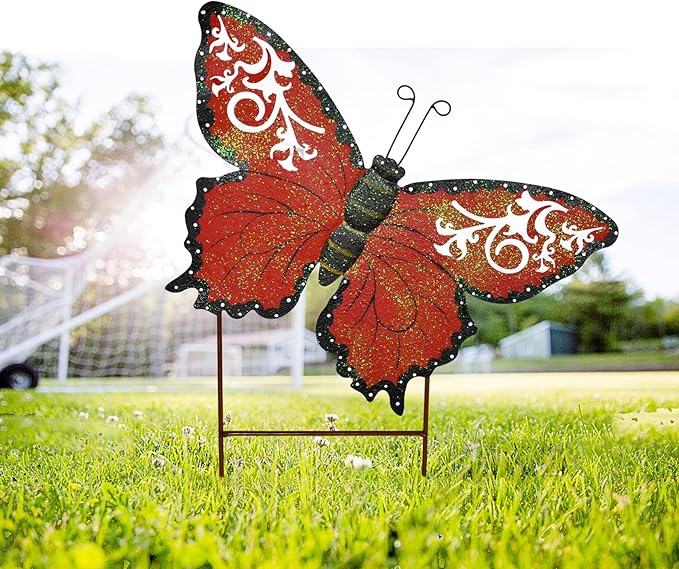 Linfevisi Metal Butterfly Garden Stakes Decor Spring Decorative Butterflies Yard Stake Lawn Ornaments Garden Decor Yard Art Decor Outdoor 18.5 Inch (Red)