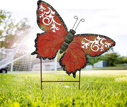 Linfevisi Metal Butterfly Garden Stakes Decor Spring Decorative Butterflies Yard Stake Lawn Ornaments Garden Decor Yard Art Decor Outdoor 18.5 Inch (Red)