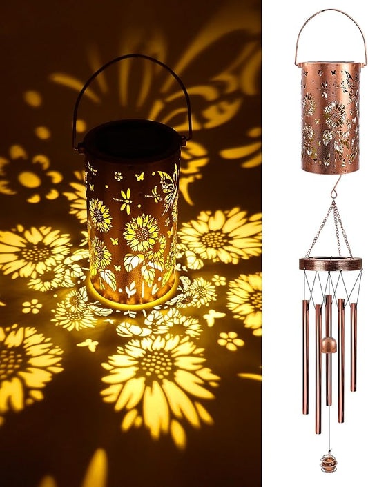 Butterfly Solar Wind Chimes - Metal Sunflower Windchimes with Lantern Outside Hanging Solar Lights Decor Gifts Garden Lawn Patio Yard Decoratoin Christmas Birthday Gift for Women Mom Grandma