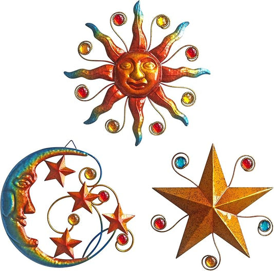 VividLadybug Celestial Wall Decoration Sculpture, Metal Wall Sculpture, Silhouette Wall Decoration, Metal Sun Moon Star Wall Art Sculpture Decoration, Set of 3