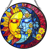 Stained Glass Moon and Sun Suncatcher with Hook and Chain, Handmade Window Hanging for Home and Garden, for Christmas, Party, Wedding, Birthday