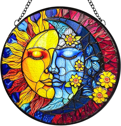 Stained Glass Moon and Sun Suncatcher with Hook and Chain, Handmade Window Hanging for Home and Garden, for Christmas, Party, Wedding, Birthday
