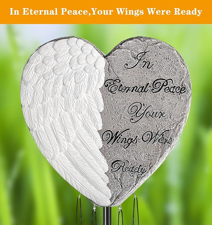 bocola Resin Heart Wind Chime with Rose & Angel Wings Engravings - Memorial Plaques for Garden Cemetery Grave Decoration-Sympathy Gifts for Loss of Loved One