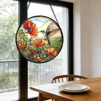 DASTOLL Stained Glass Window Hanging, Hummingbirds Orange Flowers Suncatcher Diamond Glass Panel Hangings Sun Catchers Decor for Birthday for Women, Men, Wife, Aunt, and Mom 9.8 in