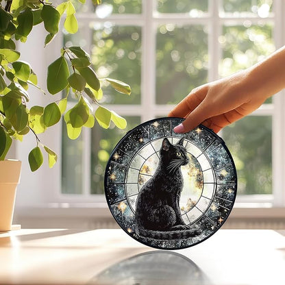 Black Cat Moon Suncatchers Stained Glass Window Hanging, Celestial Black Cat Sun Catchers Indoor Window Glass Round Wall Decor, Moon and Stars Wall Hanging Decorations, 7.9x7.9in