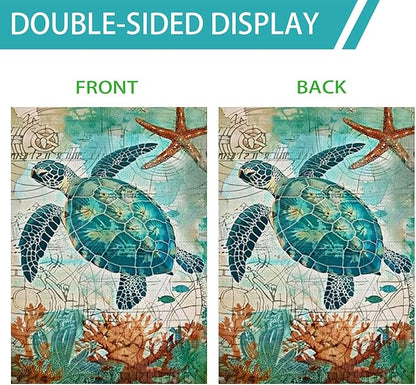 Sea Turtle Summer House Flag 28 x 40 Inch Double Sided, Summer Welcome Tropical Ocean Burlap Yard Flag Holiday Outside Decorations