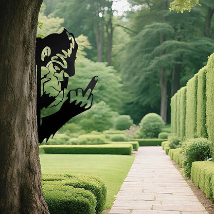 Bigfoot Middle Finger Metal Yard Sign – Funny Prank Decor, Peeking Sasquatch Tree Silhouette Outline, Peeping Wall Decoration