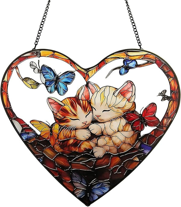 Stained Glass Window Hanging, Sleeping Cats Suncatcher for Window Decoration, Heart-Shaped Cat Butterfly Sun Catcher Christmas Birthday Gifts for Cat Lover 9.8 in (Cats)