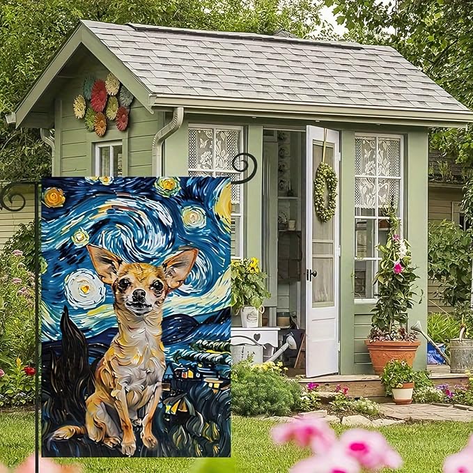 BlissYard Chihuahua Garden Flag 12x18 Double Sided Flag Starry Night Garden Flag Holiday Seasonal Yard Flag for Outside Welcome Porch Yard Patio Yard Banner