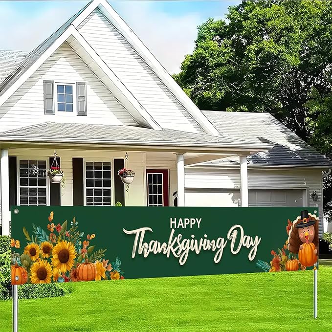 BlissYard Thanksgiving Banner Happy Thanksgiving Day Backdrop Sunflowers Pumpkins Turkey 118x20 inches Autumn Harvest Decor Party Supplies Wall Hanging Banner Photo Backdrop Decor