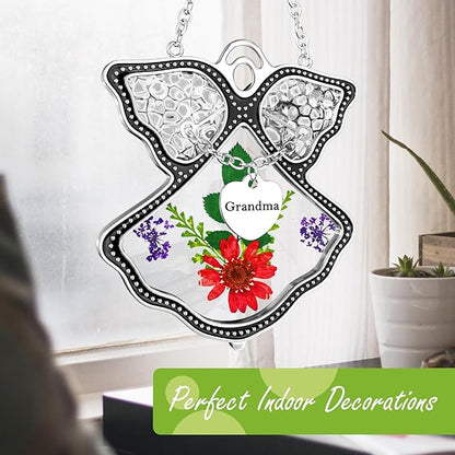 KY&BOSAM Grandma Angel Suncatcher Stained Glass Suncatchers for Windows Hanging Wind Chime with Pressed Dried Flower and Metal Trim Charm Birthdays Gifts for Grandma Mothers Day Valentines Christmas