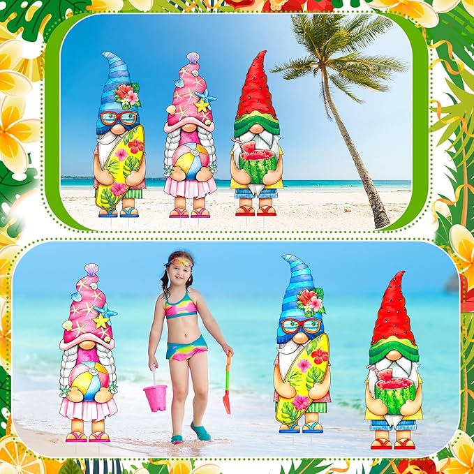 Umigy 3 Pcs Summer Gnome Yard Sign 32 x 10 Inch Outdoor Summer Yard Decor with Stakes Watermelon Beach Ball Surfboard Gnome Lawn Sign Yards Art Stakes for Outdoor Lawn Backyard Porch Garden Decoration