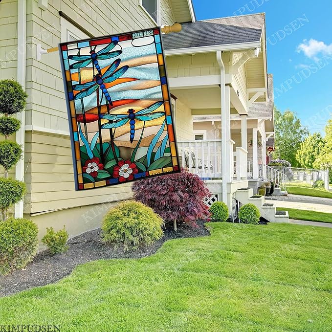 Spring Summer House Flags 28 X 40 Double Sided, Dragonfly Stained Glass Style Flowers Garden Flag Burlap Yard Flags for Outside Seasonal Decoration