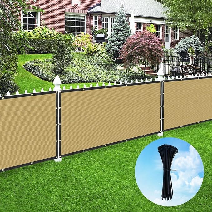 Houssity Zip Cable Ties and Beige 3' x 4' Balcony Deck Fence Privacy Screen Cover Panel Shade Cloth Fabric for Chain Link Fence Patio Pool Railing Porch Playground Dog Kennel Residence Commercial Use