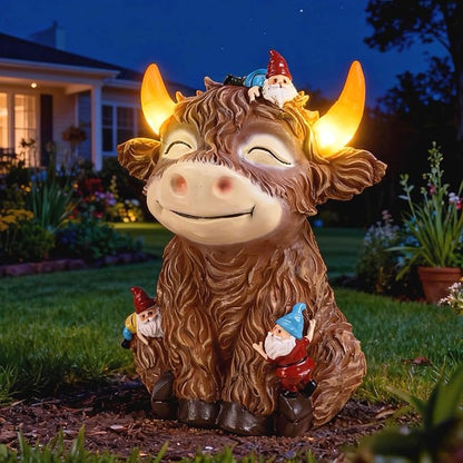 Solar Highland Cow Garden Statue with Funny Gnomes Outdoor Decor,Cow Figurine with LED Lights Yard Art Decoration for Garden,Patio,Lawn-Unique Gift for Mom,Grandma
