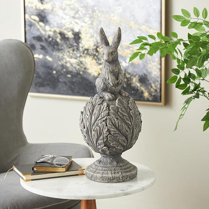 Deco 79 Polystone Rabbit Textured Sculpture with Leaf Covered Round Base, 8" x 8" x 20", Gray