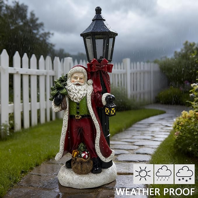 Santa Claus Statue with Light 12.6 inch Christmas Resin Figurine Desktop Decor, New Year's Day Outdoor Decoration for Porch Garden Yard Patio